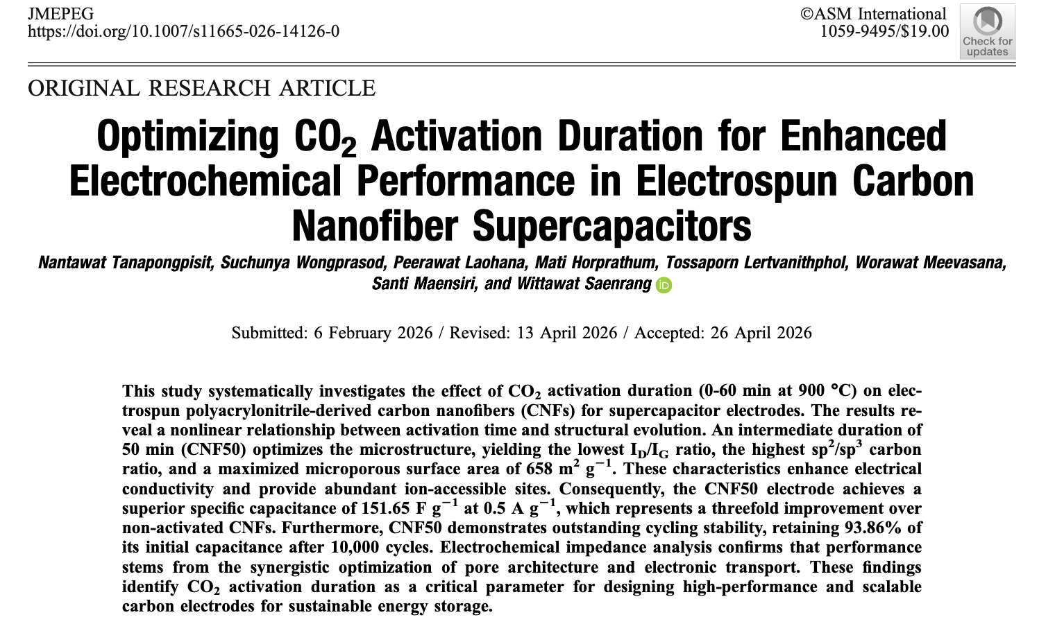 *Optimizing CO2 Activation Duration for Enhanced Electrochemical Performance in Electrospun Carbon Nanofiber Supercapacitors